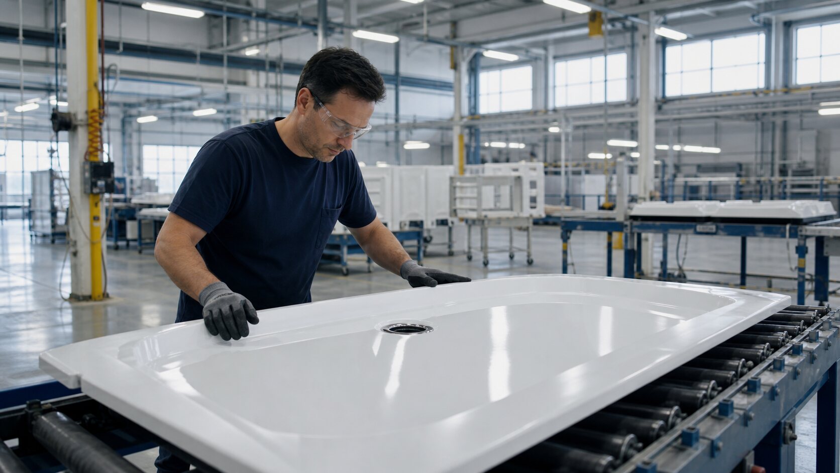 An American Bath Group craftsperson inspecting a shower base on a Canadian production line